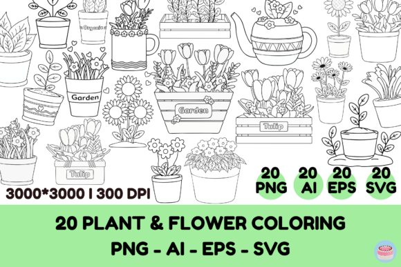 Download 20 Potted Plant &amp; Flower Line Art Bundle - Line art Collection